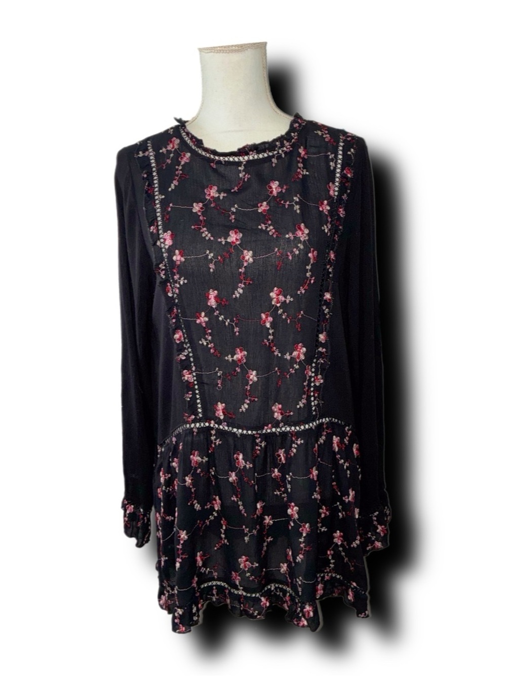 POL Black Boho Tunic with Pink Floral Embroidery & Lace Lattice Inserts